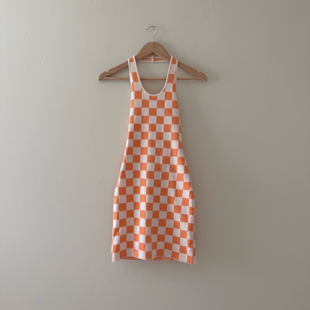 Polly Princess Checkmate Orange and White Halter Mini Dress